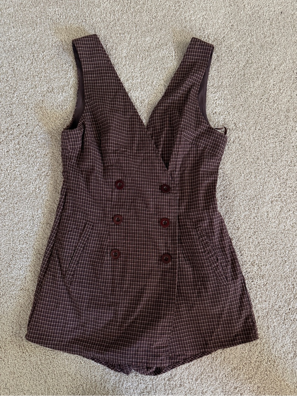 Sleeveless Double-Breasted Brown Plaid Romper